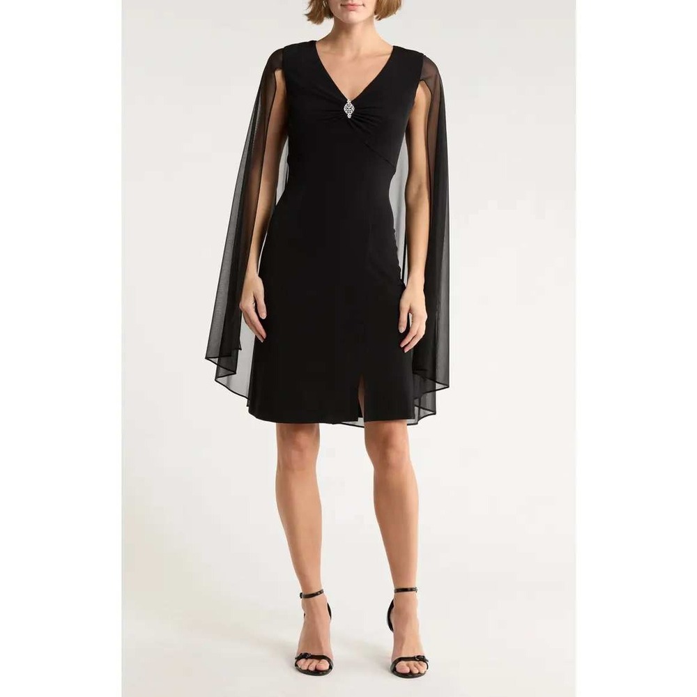 Connected Apparel Black Cape Sleeve Cocktail Dress‎ Rhinestone Brooch 20W New